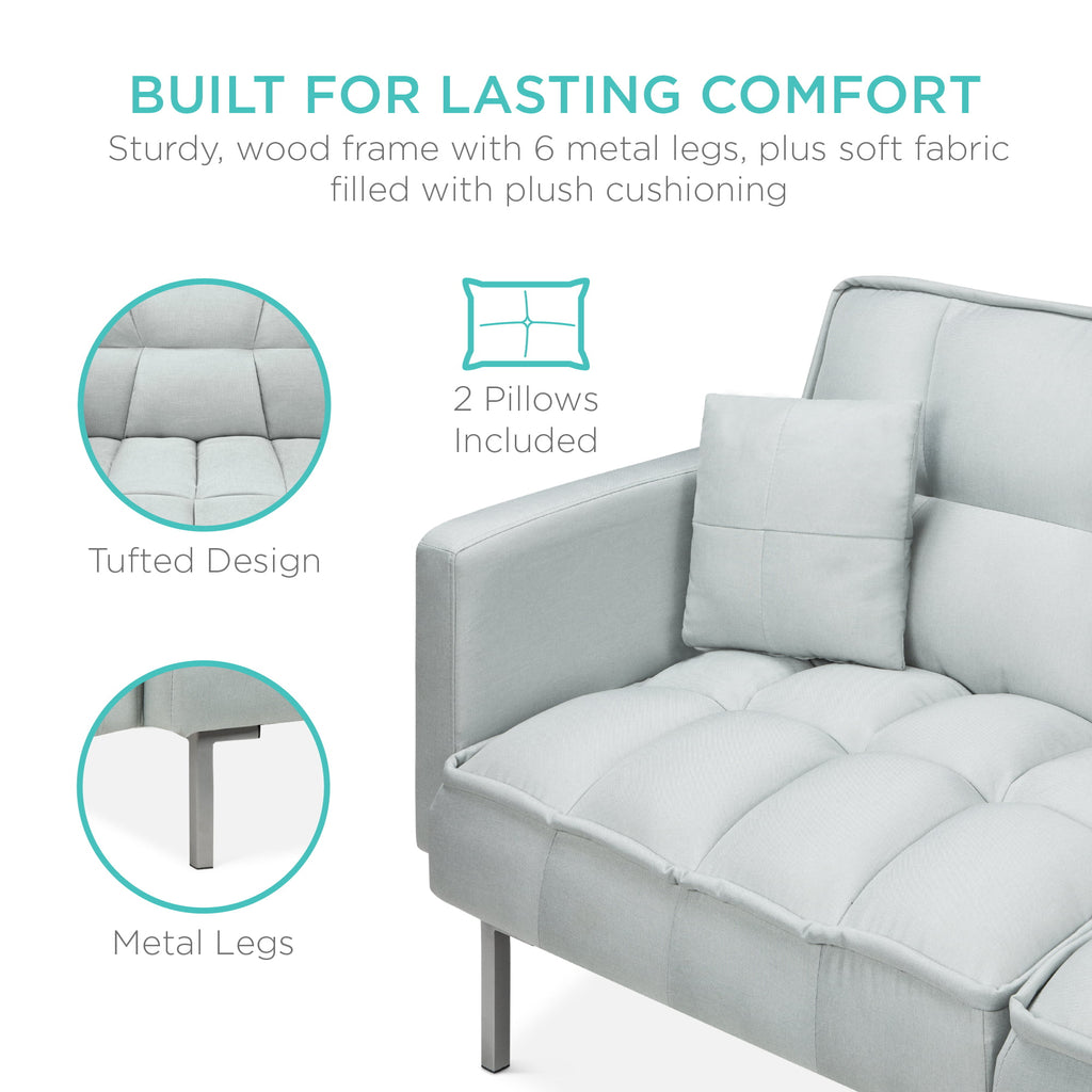 Light Gray Linen Fabric Tufted Split-Back Futon Sofa with 2 Pillows Q3497