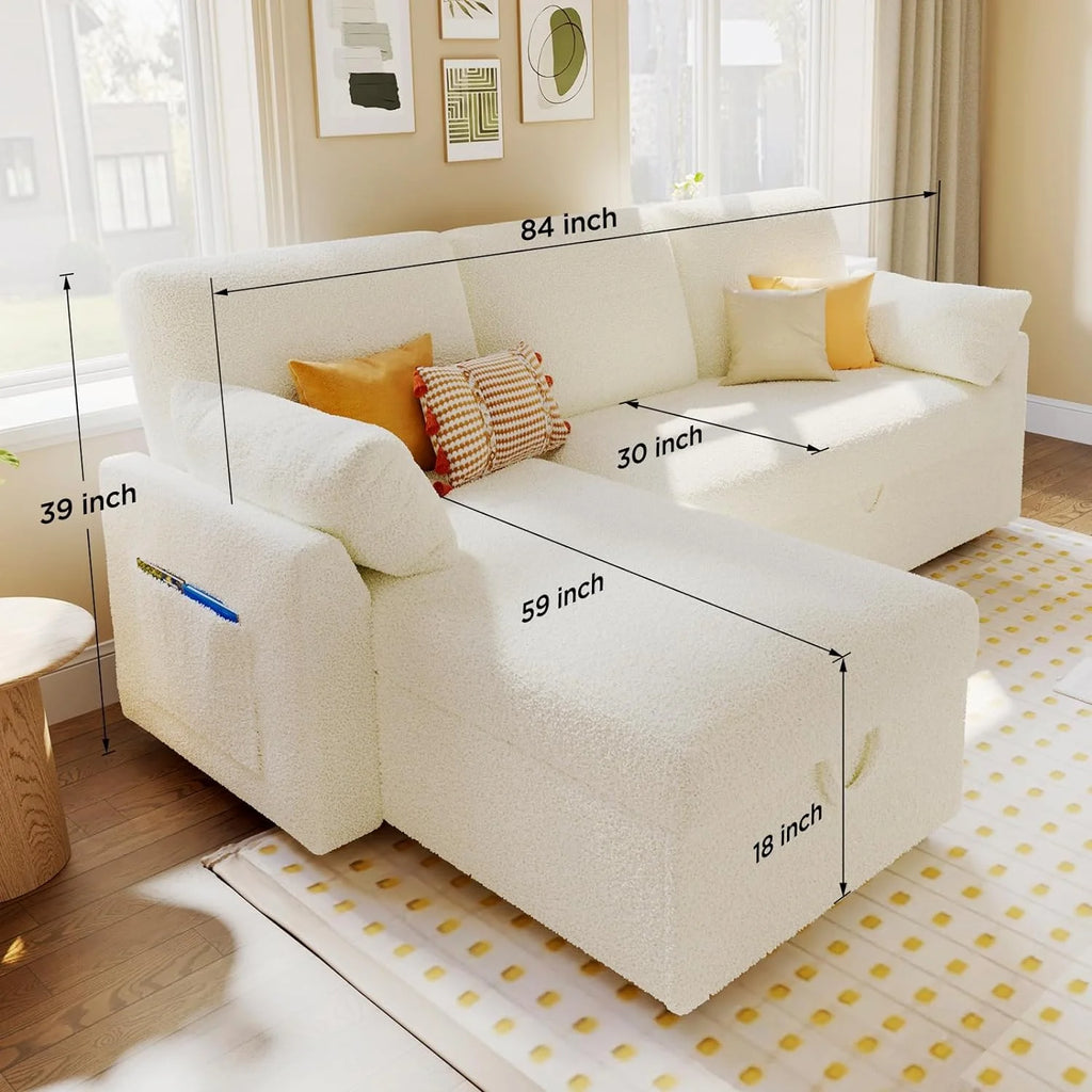 White Sherpa Sleeper Sofa with Storage Chaise V4114
