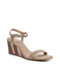 Beige Striped Adjustable Padded Ankle Strap Square Toe Wedge Leather Dress Sandals U655836