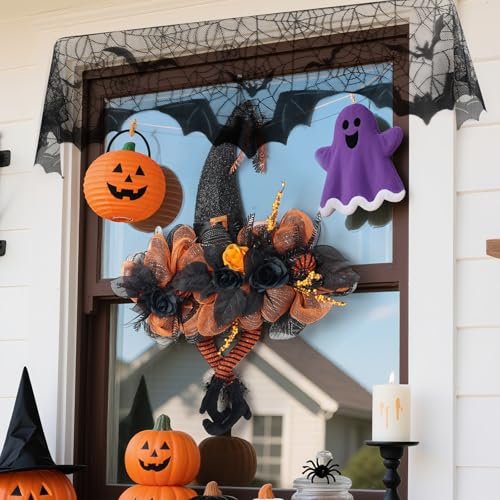 30 Inch Halloween Wreath with Spiderweb Fireplace Mantle Scarf Set M1275