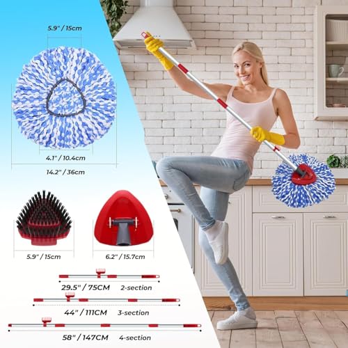 Spin Mop Head and Brush Replacement 4 Mop Heads 1 Handle 1 Base Scrub Brush Set F128