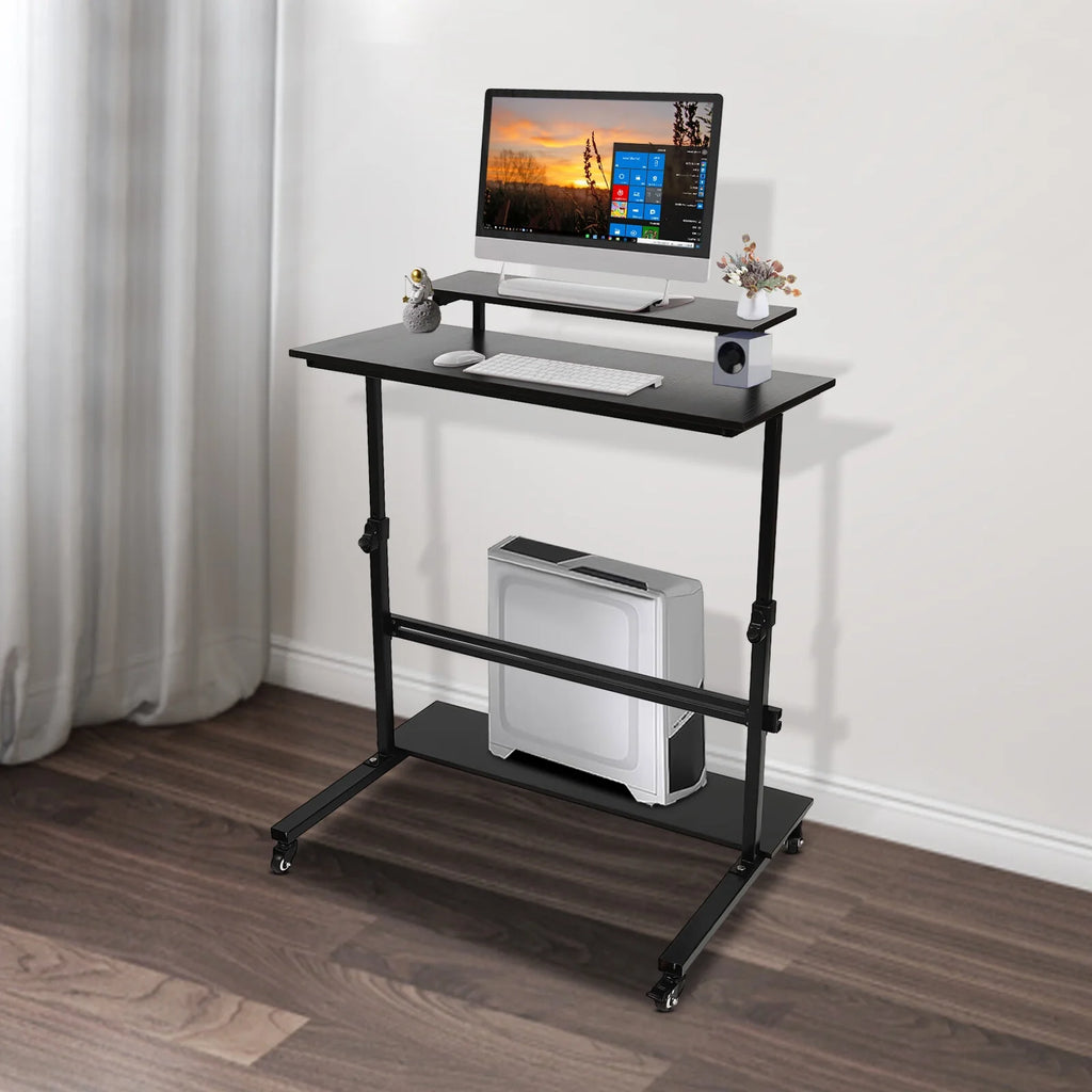 Rolling Laptop Desk Stand Up Workstation with 2 Shelves Adjustable Height X40354