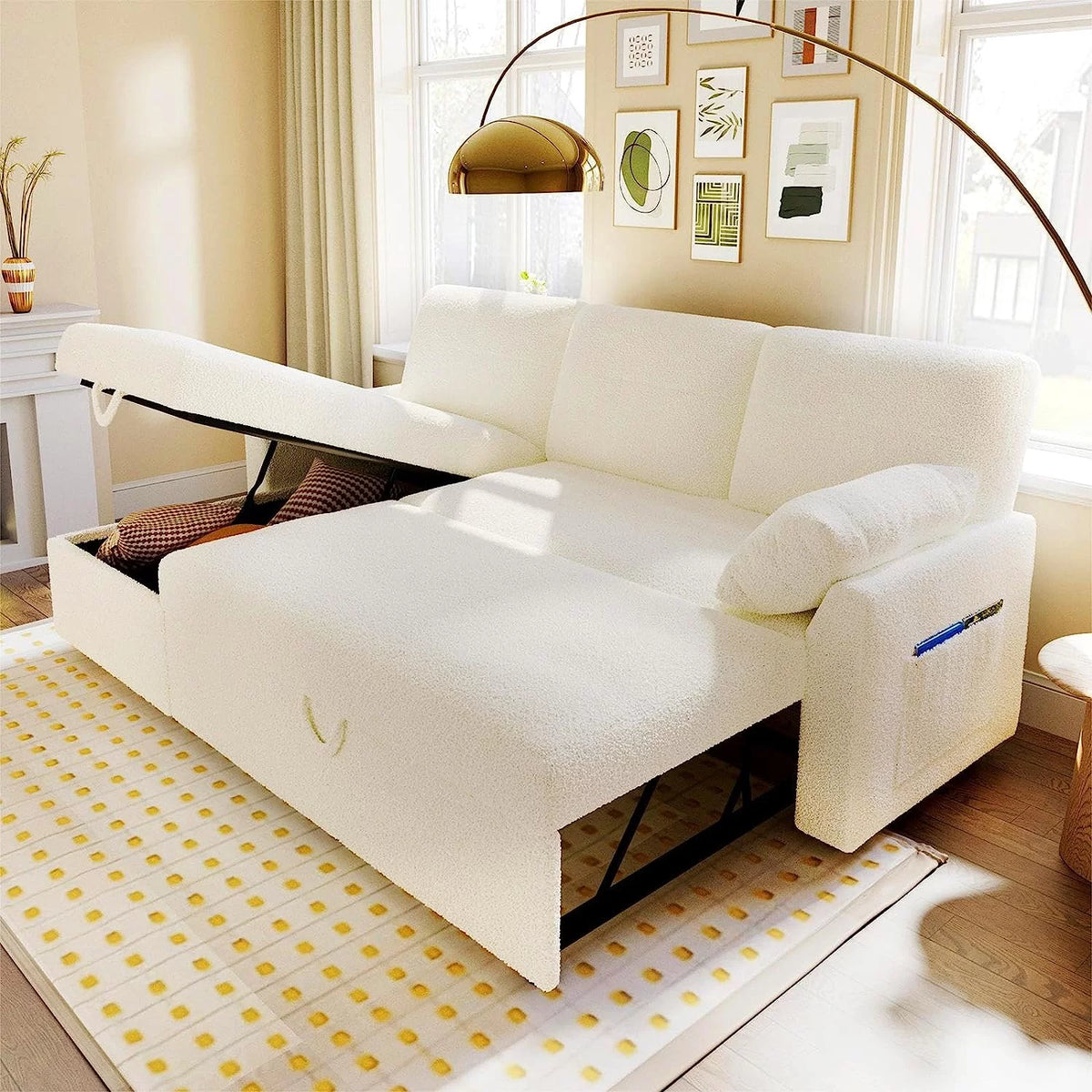 White Sherpa Sleeper Sofa with Storage Chaise V4114