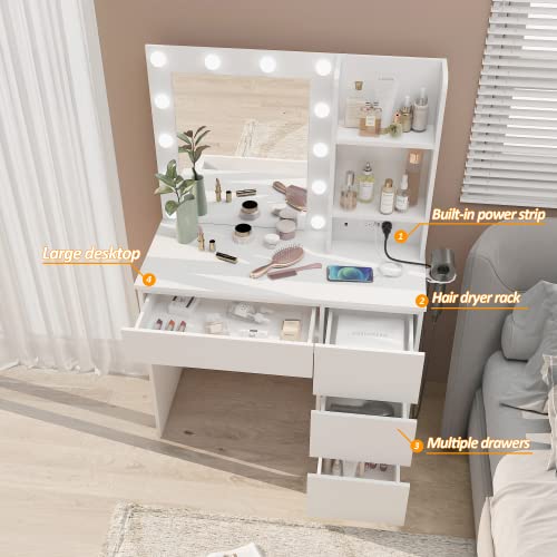 White Makeup Vanity with Lighted Mirror and 4 Drawers J748