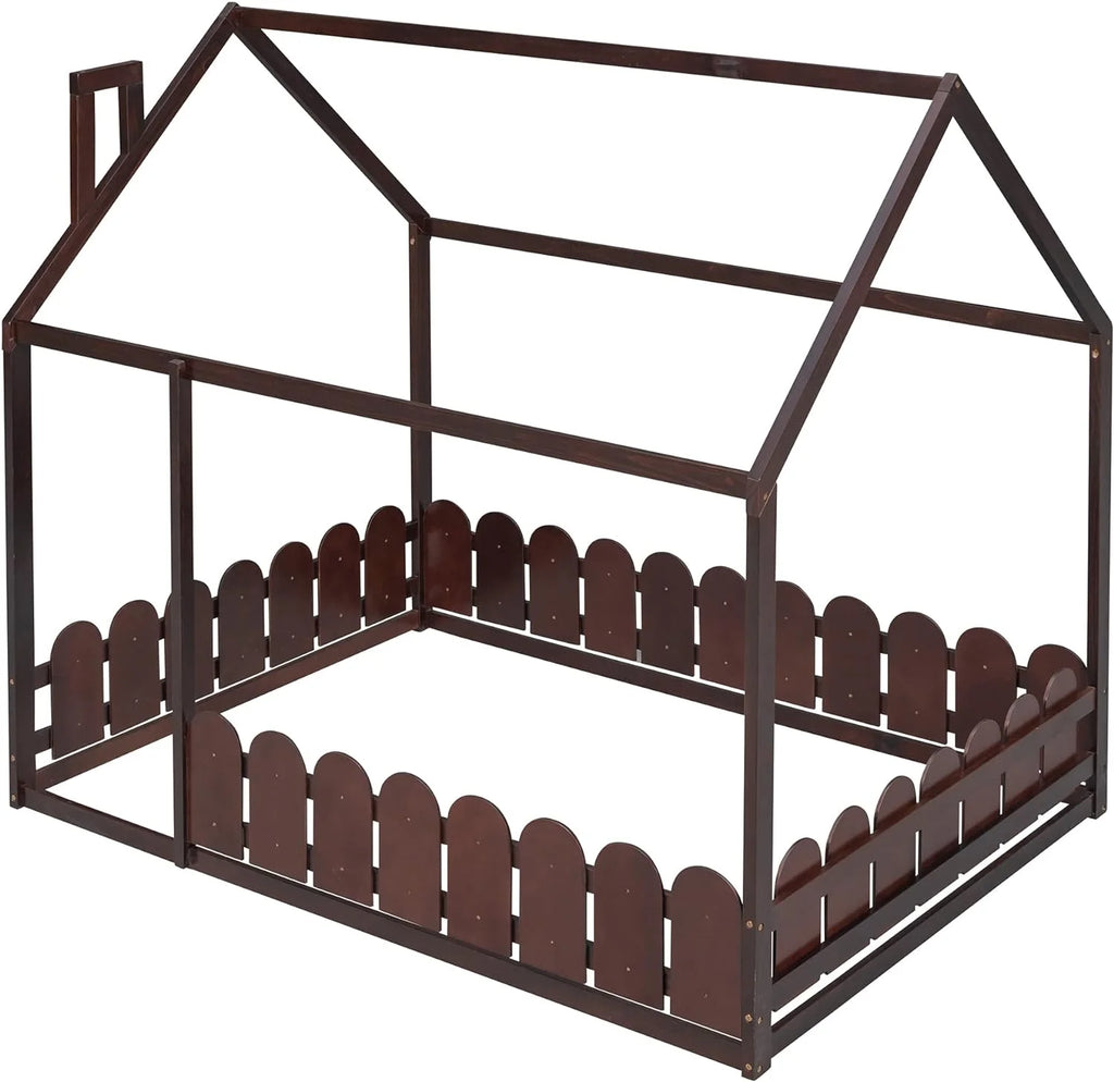 Full Size Pine Wood Cabin Bed with Guardrails O991050