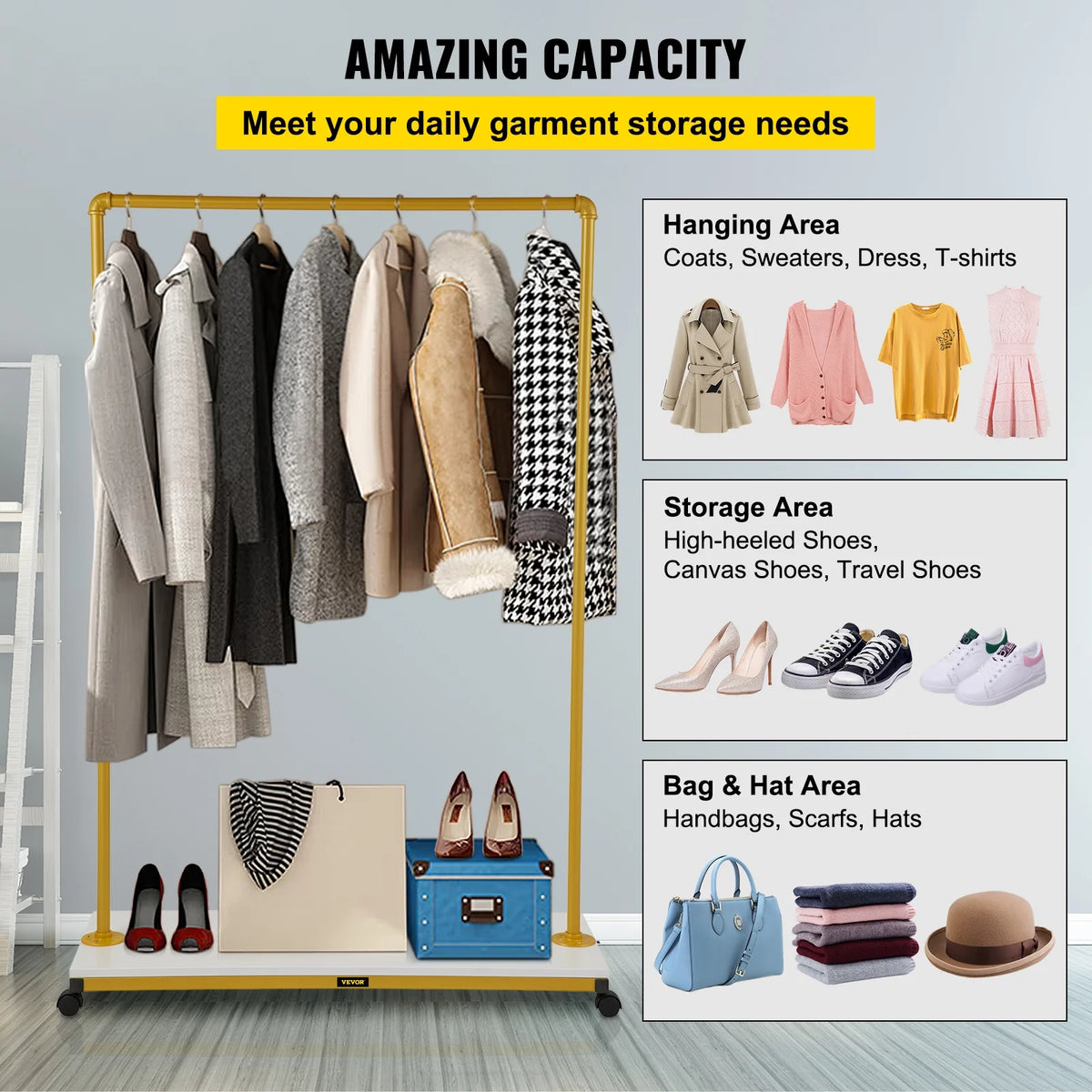 Heavy-Duty Clothing Garment Rack with Bottom Shelf and 4 Swivel Casters Y54717