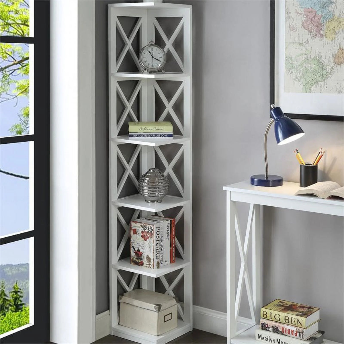 5 Shelf White Wood Corner Bookcase M135