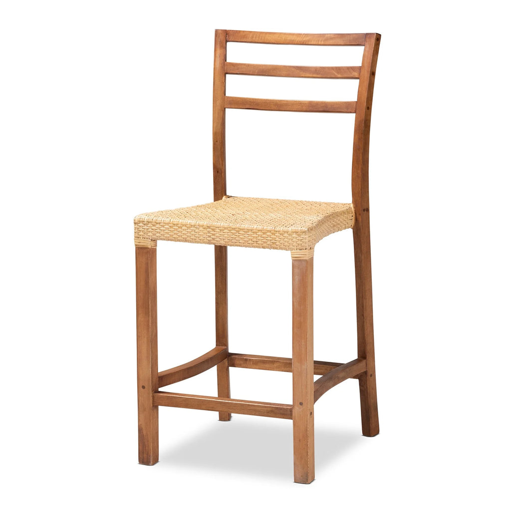 Mid-Century Wood & Natural Rattan Counter Stool I5080
