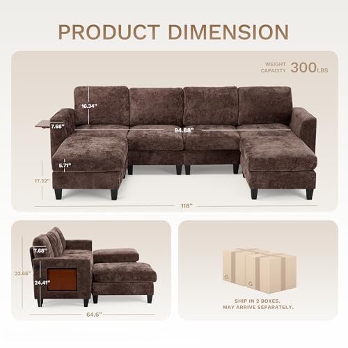 118" U-Shaped 4-Seat Modular Sectional Sofa with 2 Ottomans X958